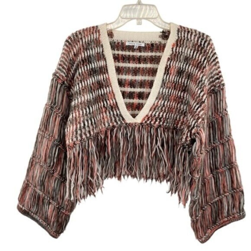 Ivory Rose Cropped Knit Fringe Sweater Boho V Neck Pink